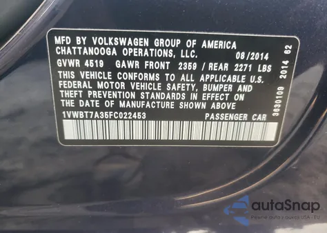 2015 Volkswagen Passat Se from USA, damaged, VIN 1VWBT7A35FC022453